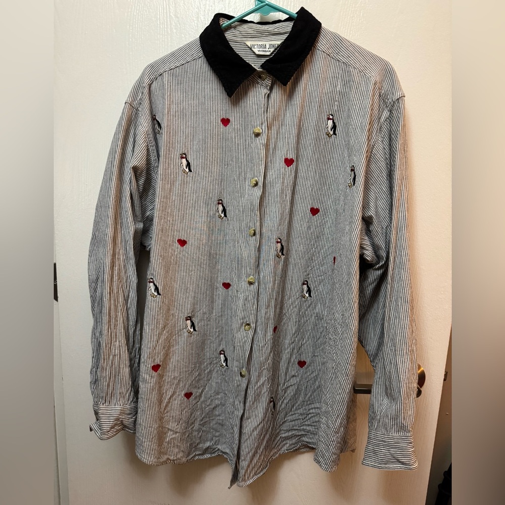 Victoria Jones Black and White Striped Shirt with Penguin and Heart Embroidery